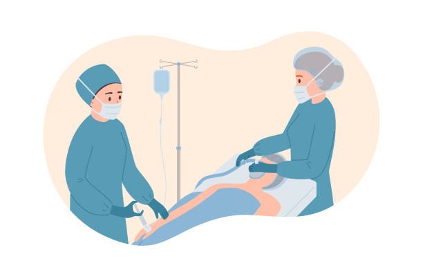 Patient in hospital lies under a sedative mask, doctors and anesthetist doing general anesthesia. Surgical anesthesia. Medical treatment care for emergency life support ill person vector illustration